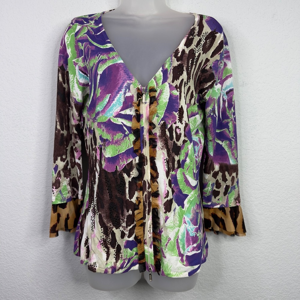 Alberto Makali‎ Cardigan Womens M Zip Abstract Leopard Artsy Layering Maximalist